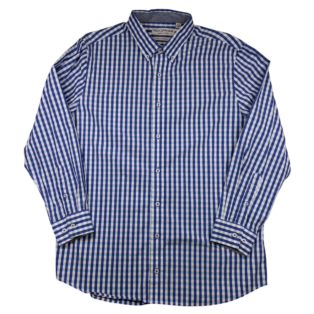 Nick Graham Button Down Shirt Mens XL Blue Gingham Plaid Stretch Modern Fit Long